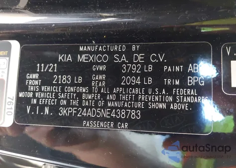 2022 Kia Forte Lxs z USA, uszkodzony, nr VIN 3KPF24AD5NE438783